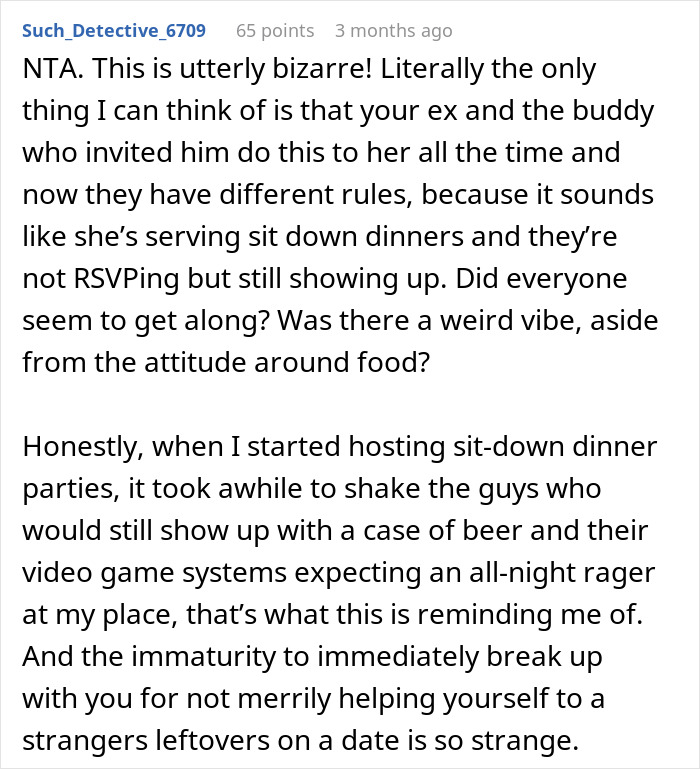 Comment discussing group of friends' dining etiquette and attitude towards food and leftovers. Comment discussing group of friends' dining etiquette and attitude towards food and leftovers.