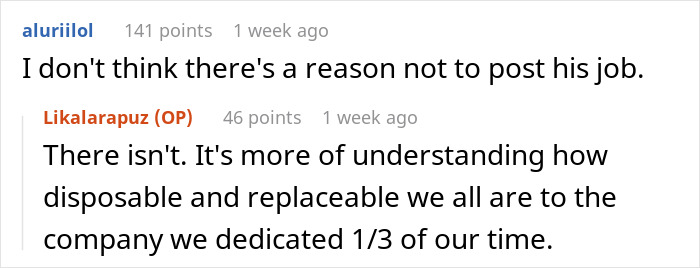 Comments discussing replacement of a coworker's job after their death, highlighting feelings on workplace disposability. Comments discussing replacement of a coworker's job after their death, highlighting feelings on workplace disposability.