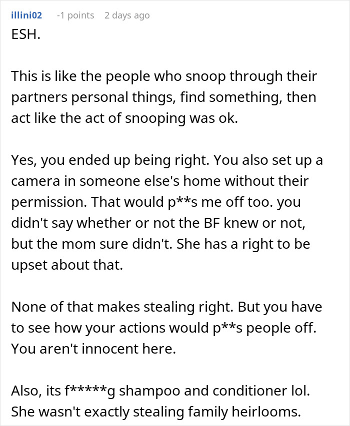 Text discussion criticizing setting up a camera for proof of stealing, mentioning issues of privacy and justification. Text discussion criticizing setting up a camera for proof of stealing, mentioning issues of privacy and justification.