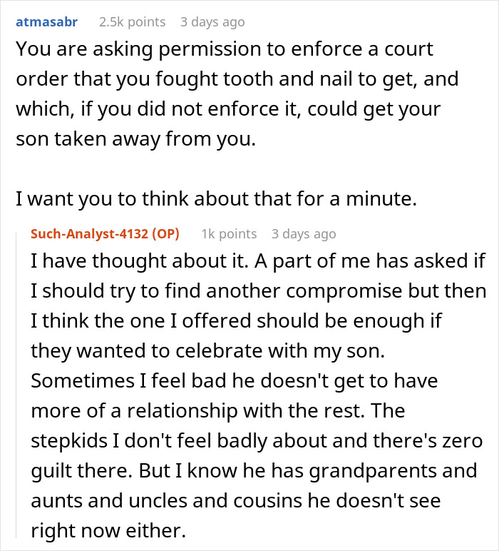 Text exchange discussing a mom's decision against son attending family BBQ, highlighting fairness and strictness issues. Text exchange discussing a mom's decision against son attending family BBQ, highlighting fairness and strictness issues.