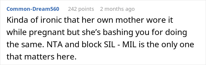 Reddit comment discussing a family conflict over a wedding dress and support for a pregnant bride. Reddit comment discussing a family conflict over a wedding dress and support for a pregnant bride.