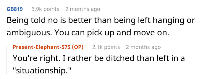 Reddit comments discussing rejection and moving on from ambiguous situations. Reddit comments discussing rejection and moving on from ambiguous situations.