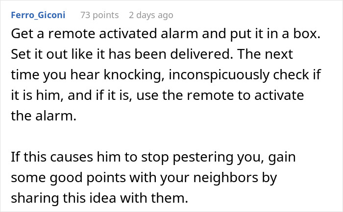 Text advice on handling pestering neighbors and package delivery issues. Text advice on handling pestering neighbors and package delivery issues.