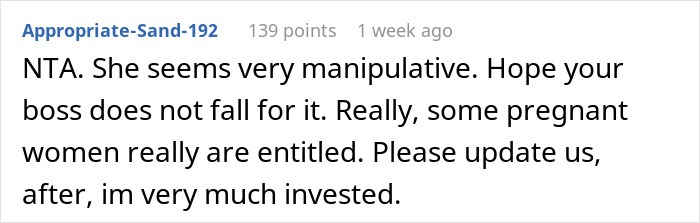 Text discussing a pregnant coworker's cravings and workplace drama. Text discussing a pregnant coworker's cravings and workplace drama.