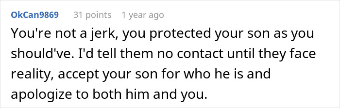 Comment supports protecting gay son from family's mistreatment. Comment supports protecting gay son from family's mistreatment.