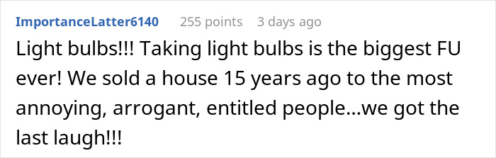 Text comment about taking light bulbs as revenge during a move. Text comment about taking light bulbs as revenge during a move.