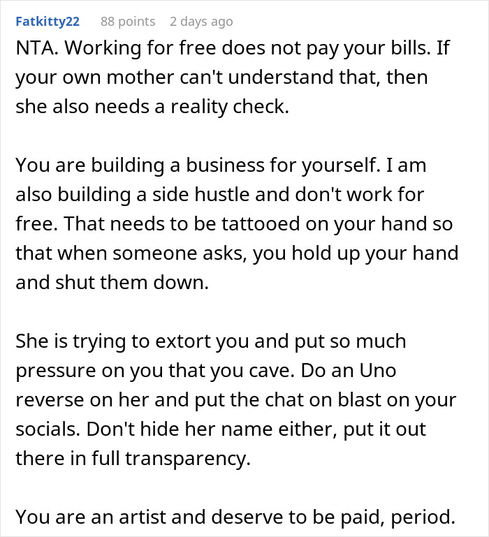 Reddit comment criticizing influencer's demand for free painting and money from artist. Reddit comment criticizing influencer's demand for free painting and money from artist.