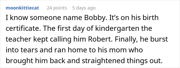 Text about a student named Bobby whose teacher called him Robert, causing distress. Text about a student named Bobby whose teacher called him Robert, causing distress.