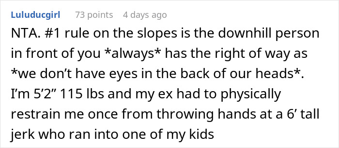 Text comment discussing ski patrol report after collision on beginner trail. Text comment discussing ski patrol report after collision on beginner trail.