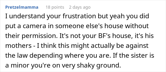 Screenshot of a comment discussing the legality of setting up a camera for evidence of stealing. Screenshot of a comment discussing the legality of setting up a camera for evidence of stealing.