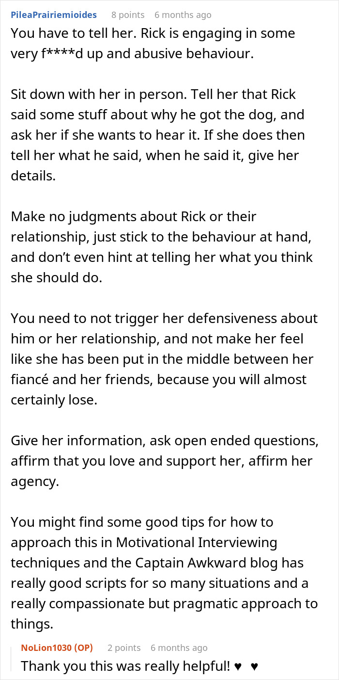 Reddit comment advising on handling relationship issues, discussing using a dog to test a fiancée's motherhood potential. Reddit comment advising on handling relationship issues, discussing using a dog to test a fiancée's motherhood potential.