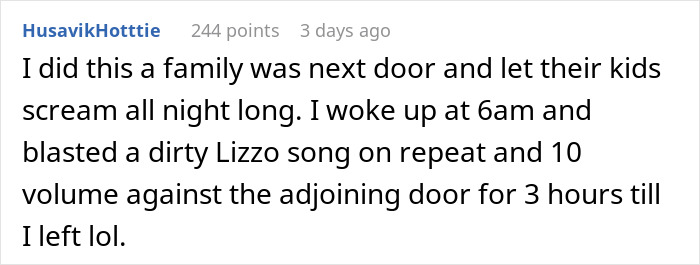 Hotel room neighbors share a story about giving a loud wake-up call after noisy night parties. Hotel room neighbors share a story about giving a loud wake-up call after noisy night parties.