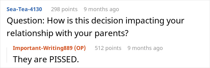 Reddit comment discussing the impact of eloping on a relationship with parents. Reddit comment discussing the impact of eloping on a relationship with parents.