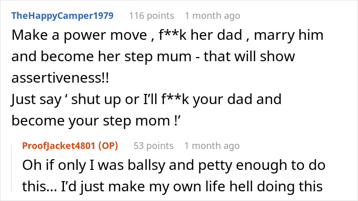 Reddit comments discussing a young woman’s reaction to her dad's girlfriend parenting her, featuring bold suggestions. Reddit comments discussing a young woman’s reaction to her dad's girlfriend parenting her, featuring bold suggestions.