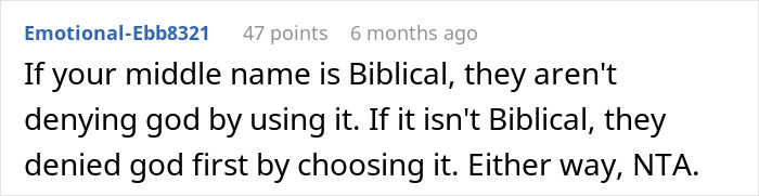 Reddit comment discussing Biblical names, questioning their religious significance with 47 points six months ago. Reddit comment discussing Biblical names, questioning their religious significance with 47 points six months ago.
