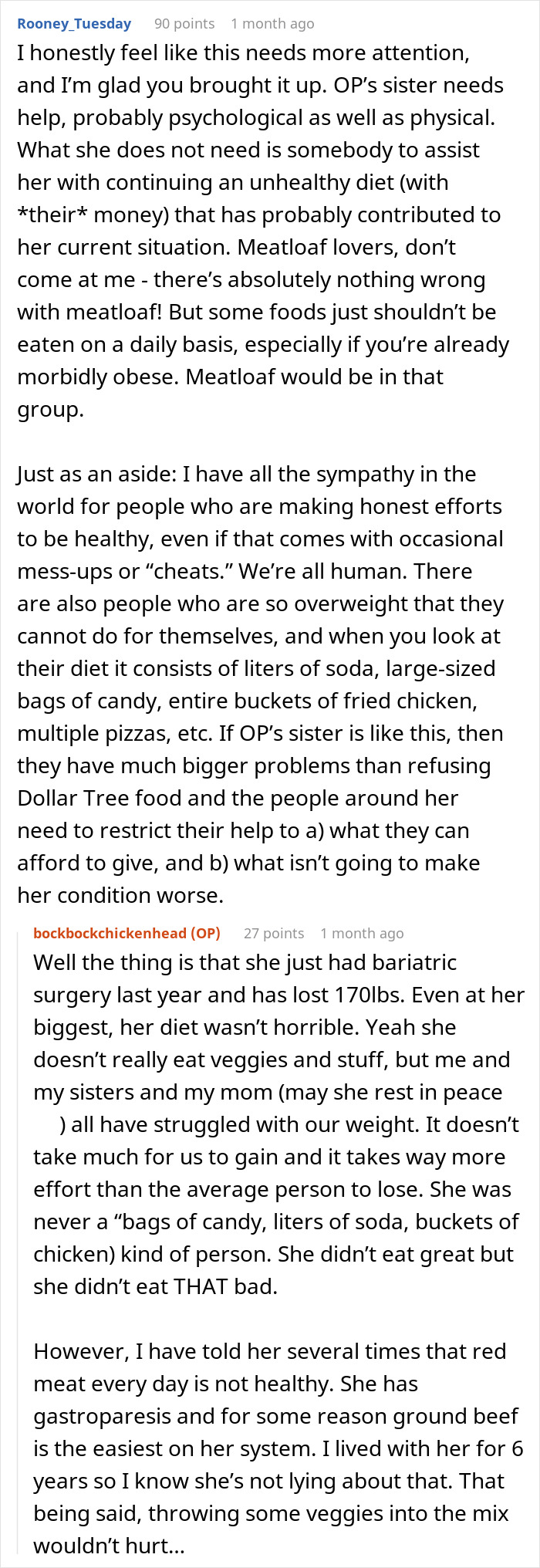 Reddit discussion on offering groceries from the Dollar Tree, focusing on dietary habits and health concerns for OP's sister. Reddit discussion on offering groceries from the Dollar Tree, focusing on dietary habits and health concerns for OP's sister.