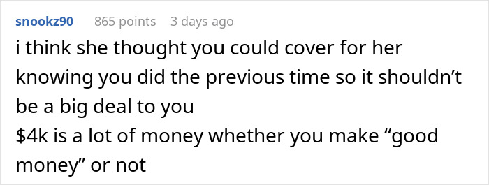 Comment discussing covering vacation costs, highlighting $4k financial burden. Comment discussing covering vacation costs, highlighting $4k financial burden.