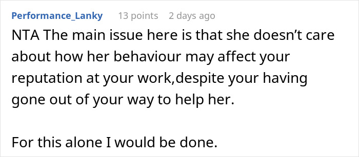 Comment about the main issue of a girlfriend's job and probation, mentioning behavior and reputation impact. Comment about the main issue of a girlfriend's job and probation, mentioning behavior and reputation impact.