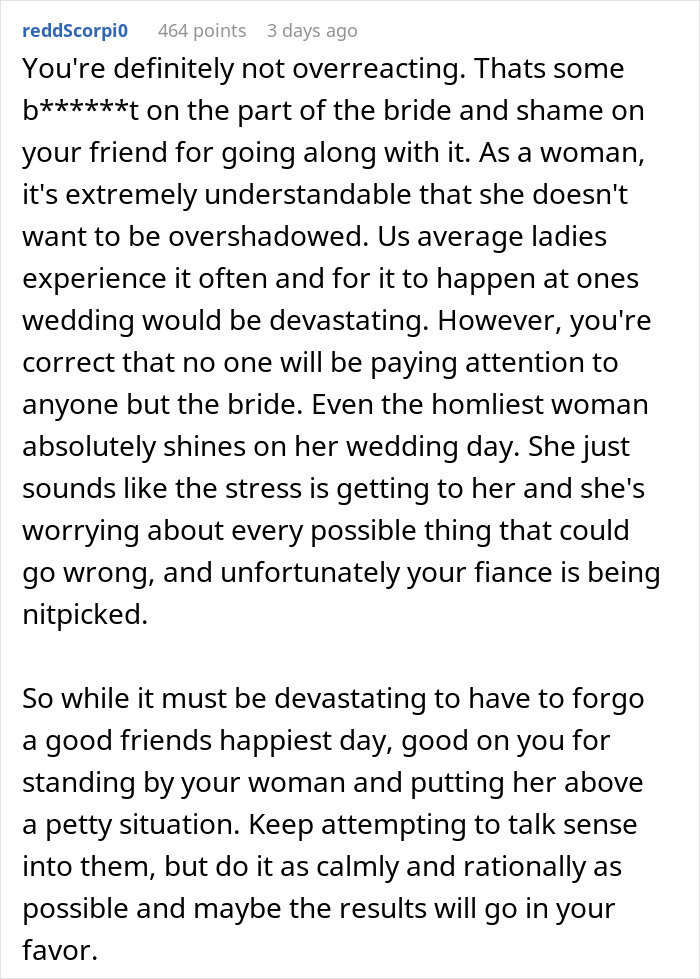 Reddit comment discussing a man dropping out of a friend's wedding due to his fiancée being banned for attractiveness. Reddit comment discussing a man dropping out of a friend's wedding due to his fiancée being banned for attractiveness.