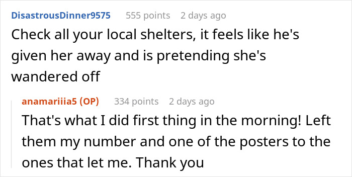 Reddit comments discussing a woman's lost dog and her efforts to find it at local shelters. Reddit comments discussing a woman's lost dog and her efforts to find it at local shelters.