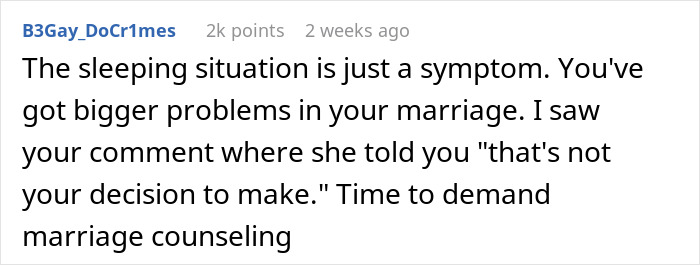 Comment discussing marriage issues and the need for counseling after a pillow incident in the bedroom. Comment discussing marriage issues and the need for counseling after a pillow incident in the bedroom.