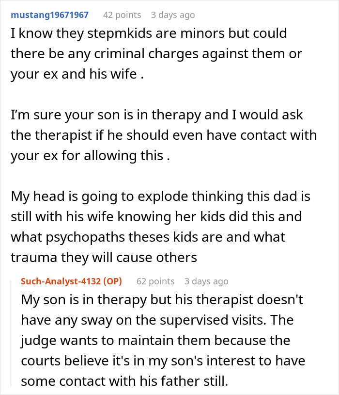 Discussion about mom refusing son's attendance at BBQ over stepsiblings in online forum comments. Discussion about mom refusing son's attendance at BBQ over stepsiblings in online forum comments.