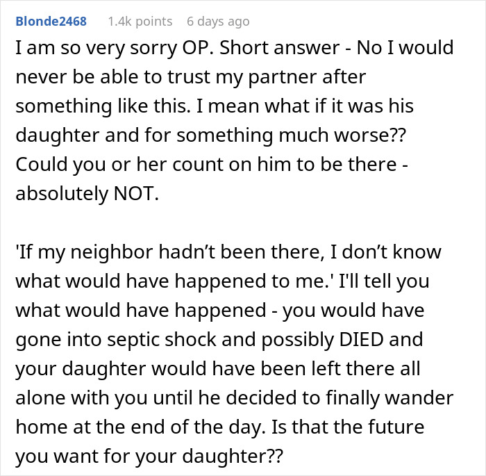 Text message criticizing husband's lack of urgency during wife's SOS call, questioning trust and future implications. Text message criticizing husband's lack of urgency during wife's SOS call, questioning trust and future implications.