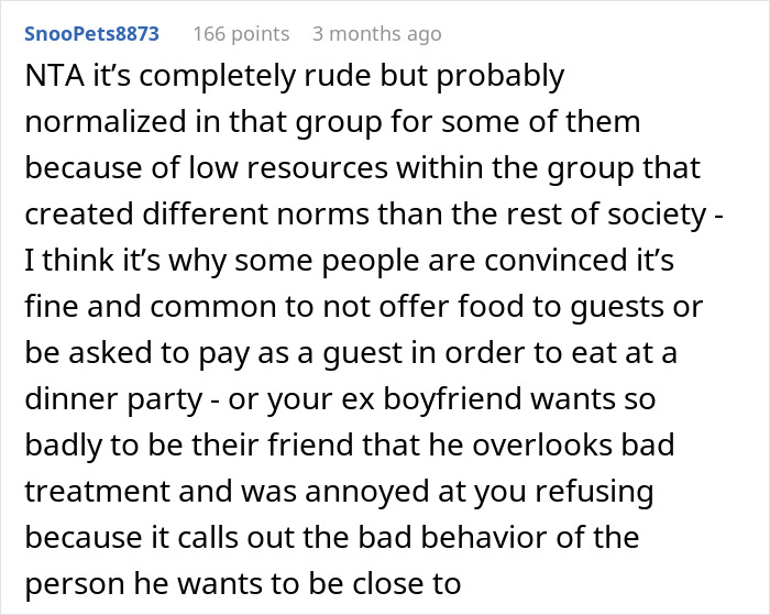 Text screenshot discussing social norms and guest treatment related to friends eating and leaving leftovers. Text screenshot discussing social norms and guest treatment related to friends eating and leaving leftovers.