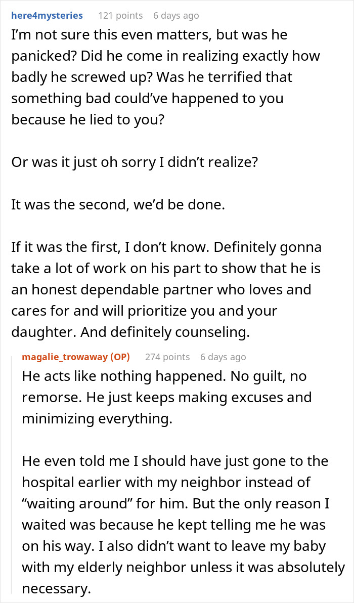 Reddit comment discussing a husband not rushing home after wife’s SOS call, impacting their marriage. Reddit comment discussing a husband not rushing home after wife’s SOS call, impacting their marriage.