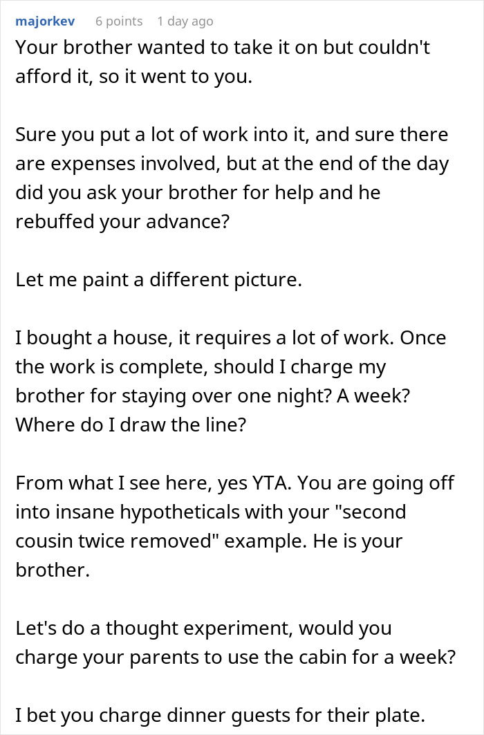 Comment discussing family cabin dispute and restoration effort responsibilities. Comment discussing family cabin dispute and restoration effort responsibilities.