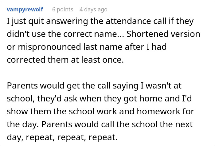 Text screenshot of a student explaining a clever revenge on a teacher who mispronounced their name. Text screenshot of a student explaining a clever revenge on a teacher who mispronounced their name.