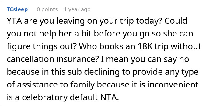 Text from online forum discussing an $18K trip and family support issues. Text from online forum discussing an $18K trip and family support issues.