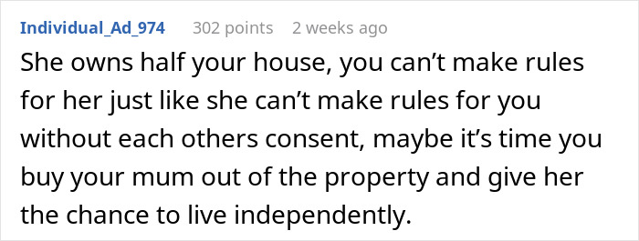 Reddit comment discussing house ownership and living independently with allergic son facing mom's insistence on having cats. Reddit comment discussing house ownership and living independently with allergic son facing mom's insistence on having cats.