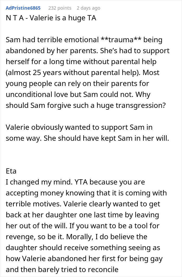 Reddit comment discussing inheritance and morality regarding a friend's daughter's entitlement. Reddit comment discussing inheritance and morality regarding a friend's daughter's entitlement.