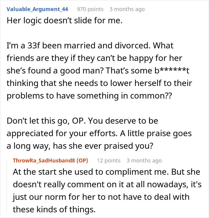 Text exchange discussing husband being "unhelpful," with users commenting on appreciation and relationship dynamics. Text exchange discussing husband being "unhelpful," with users commenting on appreciation and relationship dynamics.