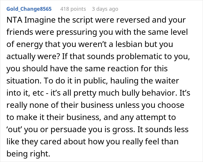 Reddit comment discussing assumptions about a woman's sexuality based on her appearance, calling out bullying behavior. Reddit comment discussing assumptions about a woman's sexuality based on her appearance, calling out bullying behavior.