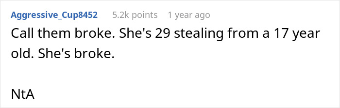 Reddit comment discussing a 29-year-old stealing skincare from a teen. Reddit comment discussing a 29-year-old stealing skincare from a teen.