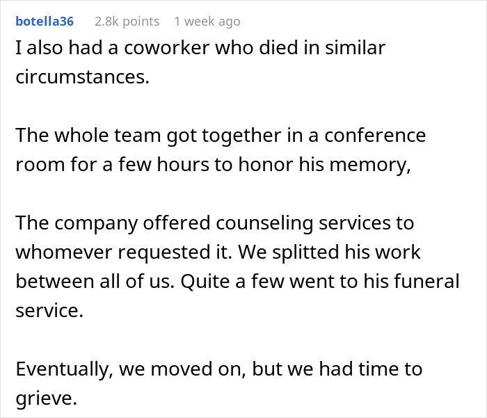 Text about how a team honored a coworker who died, including a conference and counseling services. Text about how a team honored a coworker who died, including a conference and counseling services.