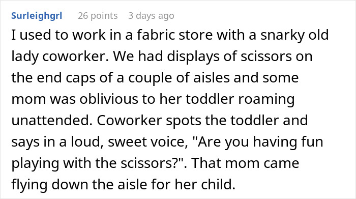 Text discussing a mom realizing the dangers for kids running around a fabric store due to scissors displays. Text discussing a mom realizing the dangers for kids running around a fabric store due to scissors displays.