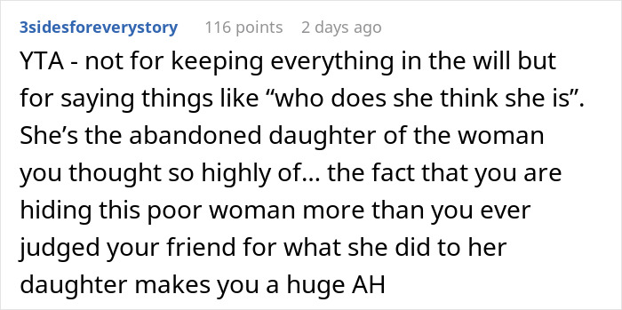 Reddit comment discussing inheritance, addressing ethical issues related to sharing with a friend's daughter. Reddit comment discussing inheritance, addressing ethical issues related to sharing with a friend's daughter.