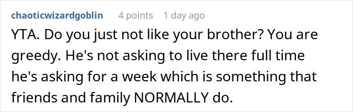 Comment discussing family cabin use rights and fairness. Comment discussing family cabin use rights and fairness.