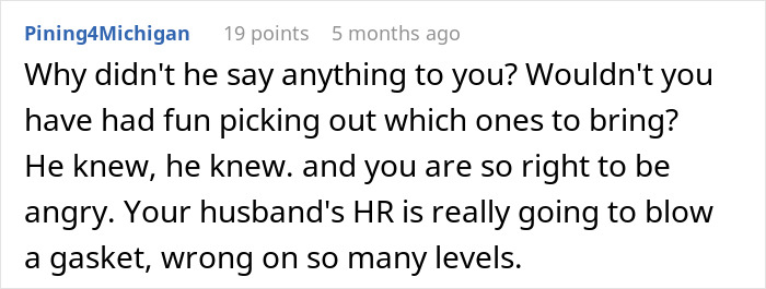 Text comment on a thread about a husband's coworkers' "game," discussing the situation's inappropriateness. Text comment on a thread about a husband's coworkers' "game," discussing the situation's inappropriateness.