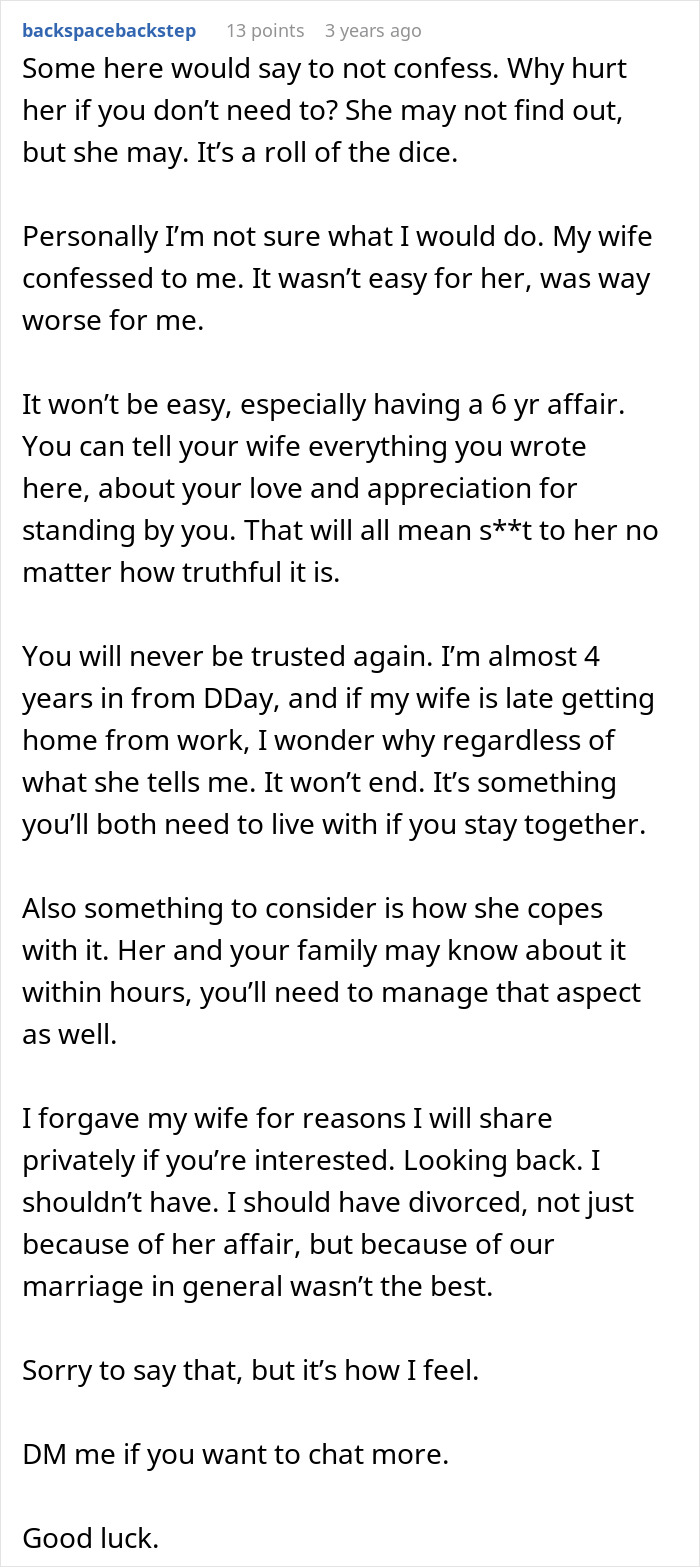 Reddit comment discussing the complexities of dealing with infidelity and the potential end of a marriage. Reddit comment discussing the complexities of dealing with infidelity and the potential end of a marriage.