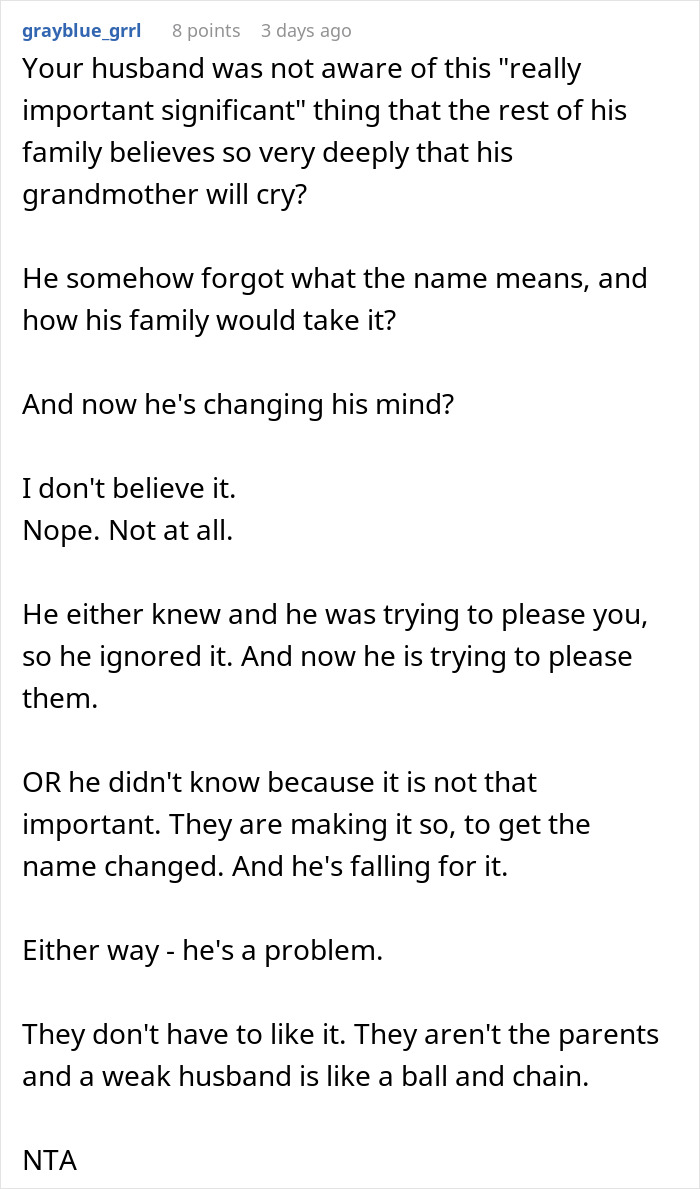Text post discussing controversial baby name choice and family disagreement. Text post discussing controversial baby name choice and family disagreement.