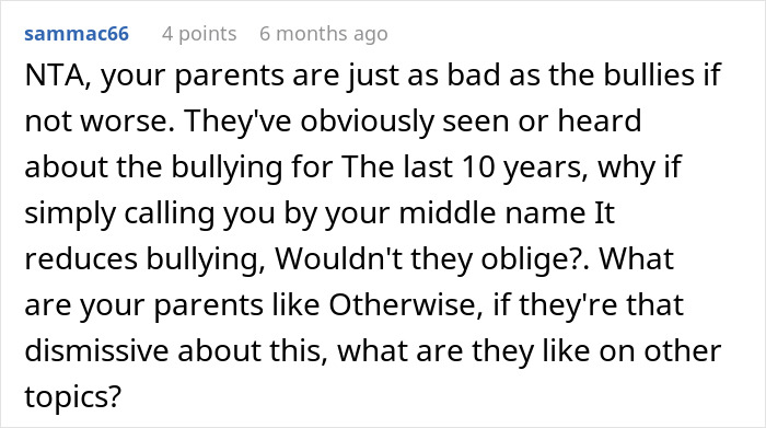 Comment about parents and bullying, questioning responsiveness to daughter's name issue. Comment about parents and bullying, questioning responsiveness to daughter's name issue.