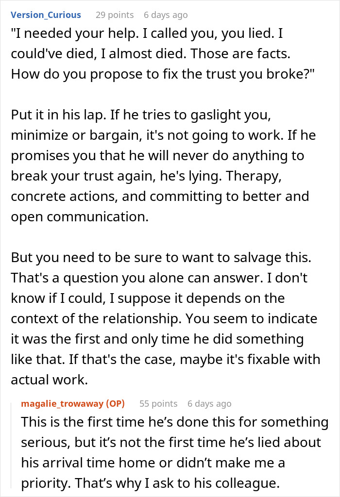 Text exchange discussing a husband's broken trust after he didn't rush home following his wife's SOS call, with advice on resolving issues. Text exchange discussing a husband's broken trust after he didn't rush home following his wife's SOS call, with advice on resolving issues.