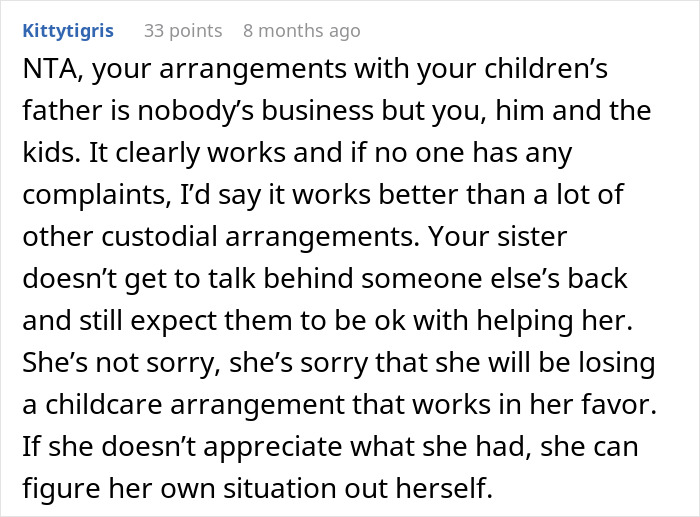 Text message criticizing sister's ungrateful behavior and supporting mom's childcare choices. Text message criticizing sister's ungrateful behavior and supporting mom's childcare choices.