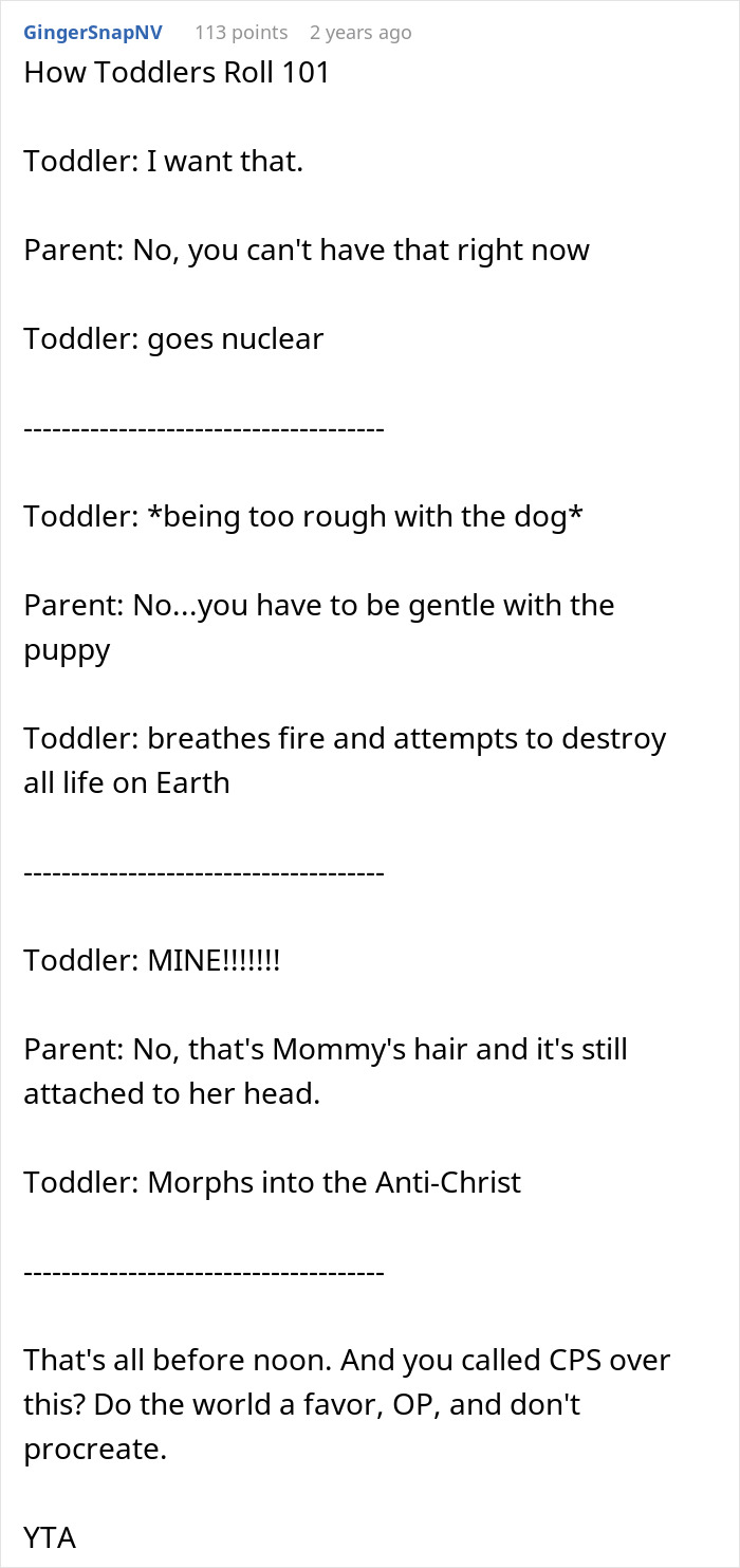 Text conversation humorously describing toddler tantrums; mentions calling CPS over toddler behavior. Text conversation humorously describing toddler tantrums; mentions calling CPS over toddler behavior.