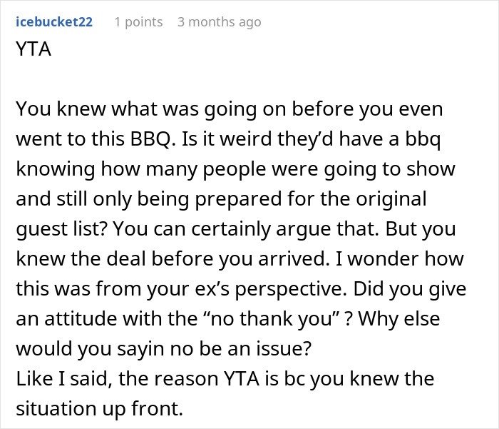 Screenshot of text discussing group of friends eating before guests, mentioning only leftovers were served. Screenshot of text discussing group of friends eating before guests, mentioning only leftovers were served.