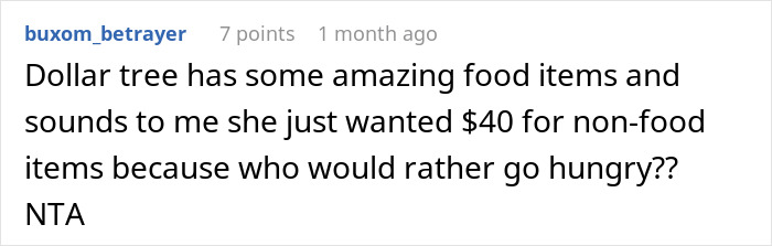 Reddit comment discussing groceries from Dollar Tree, questioning spending $40 on non-food items, and saying "NTA". Reddit comment discussing groceries from Dollar Tree, questioning spending $40 on non-food items, and saying "NTA".